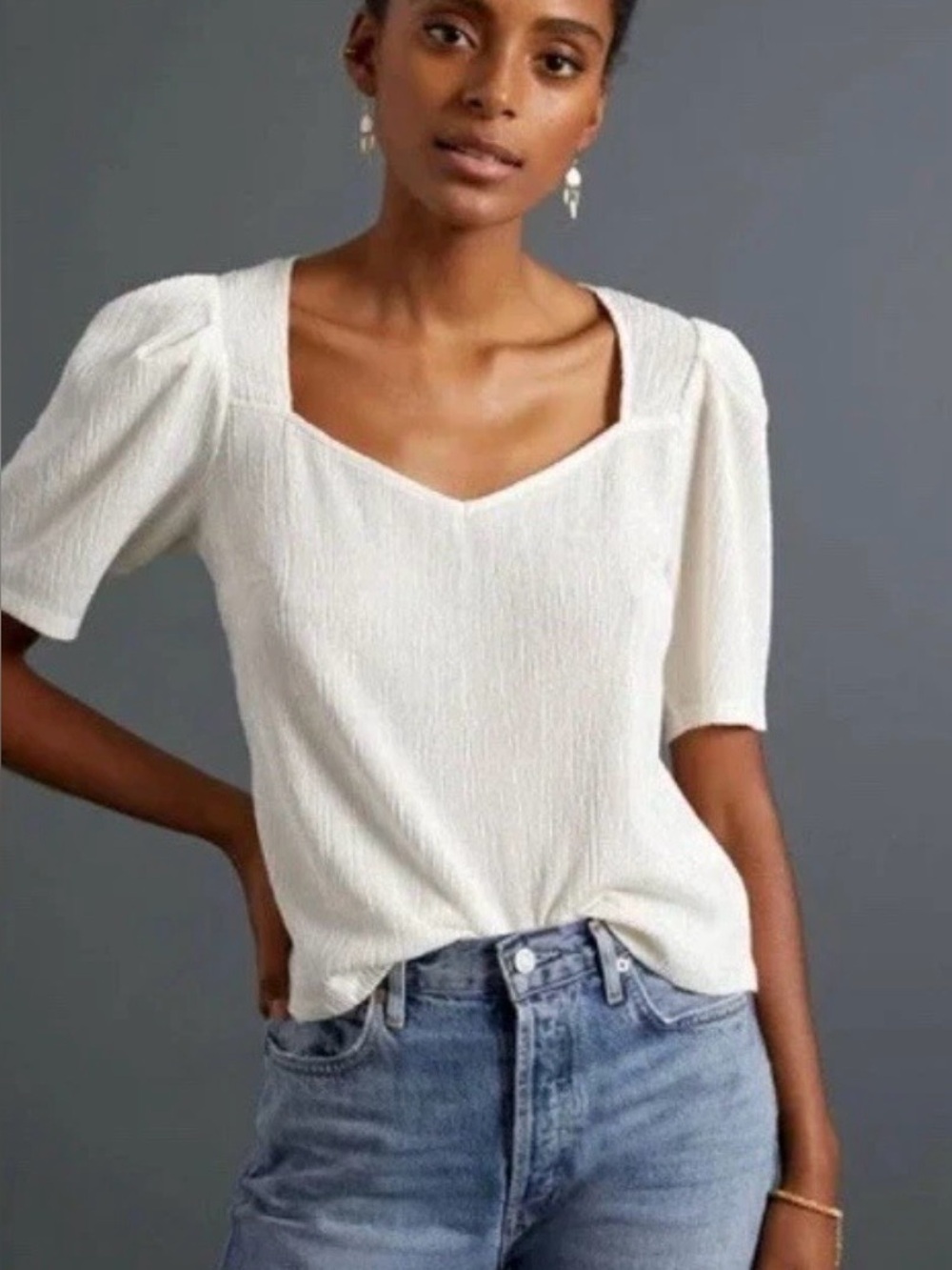 Sunday In Brooklyn Cream Bow Back Blouse, V-Neck, Puff Sleeve, Size Medium